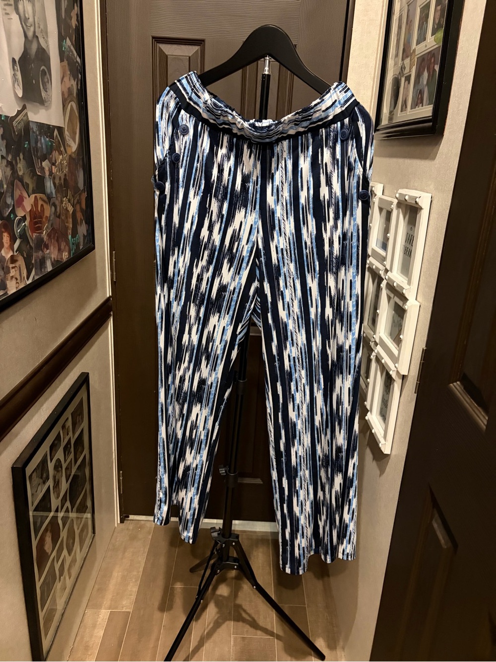 Robert Louis Navy Blue and White Patterned Wide-Leg Trousers